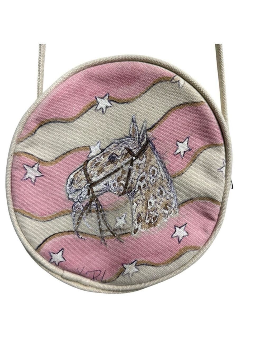 Hand Painted Horse Canvas Crossbody Bag‎ Round Western Boho 8x8